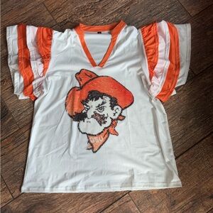 OSU Cowboys Faux Sequin Pistol Pete GameDay TopOrange White Ruffle Sleeve Size M